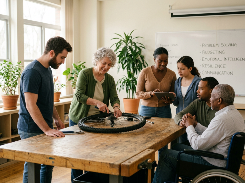 Diverse group collaborating around a bicycle wheel in a workshop